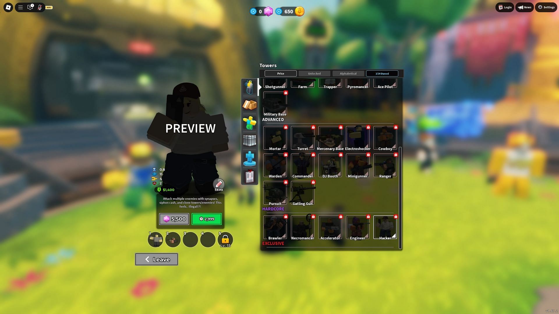 In-store look of the Hacker Tower in Tower Defense Simulator (Image via Roblox)